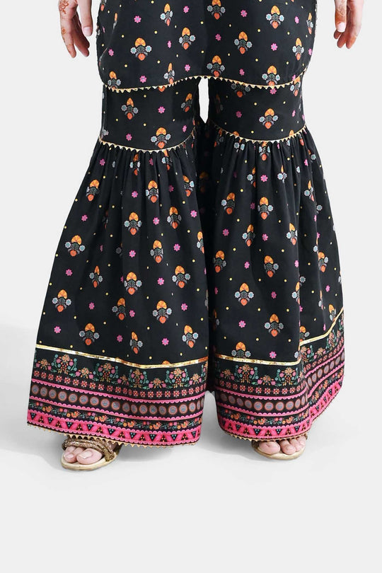 Girls Cotton Printed Gharara (Swan) – Black