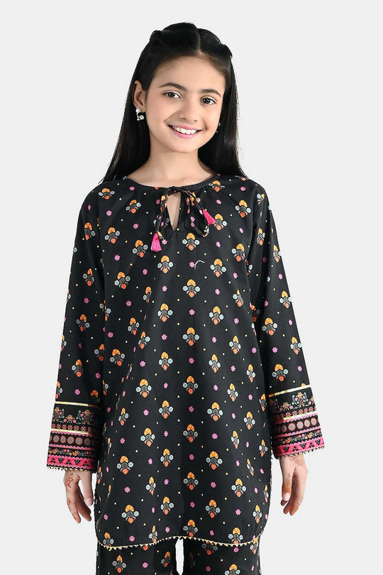 Girls Cotton Printed Kurti (Swan) - Black