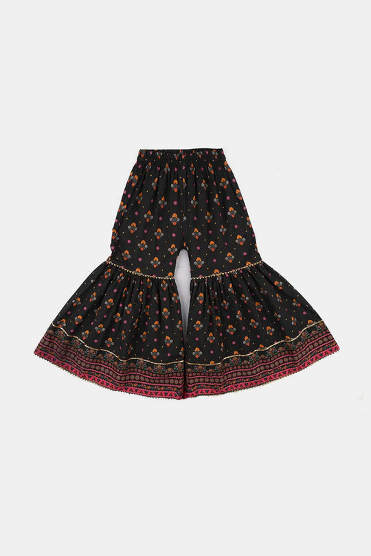 Girls Cotton Printed Gharara (Swan) – Black