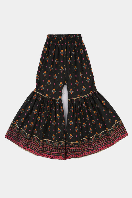 Girls Cotton Printed Gharara (Swan) – Black