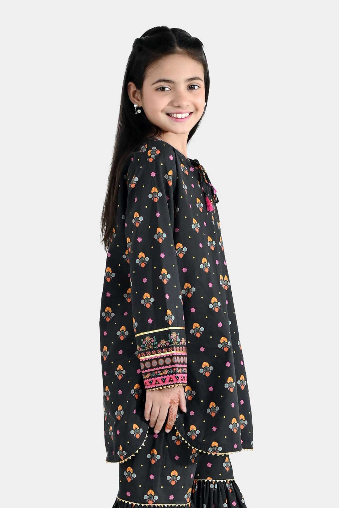 Girls Cotton Printed Kurti (Swan) - Black