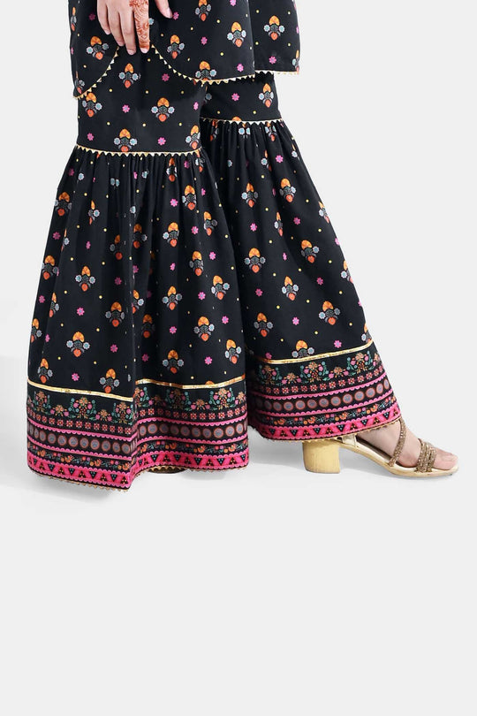 Girls Cotton Printed Gharara (Swan) – Black