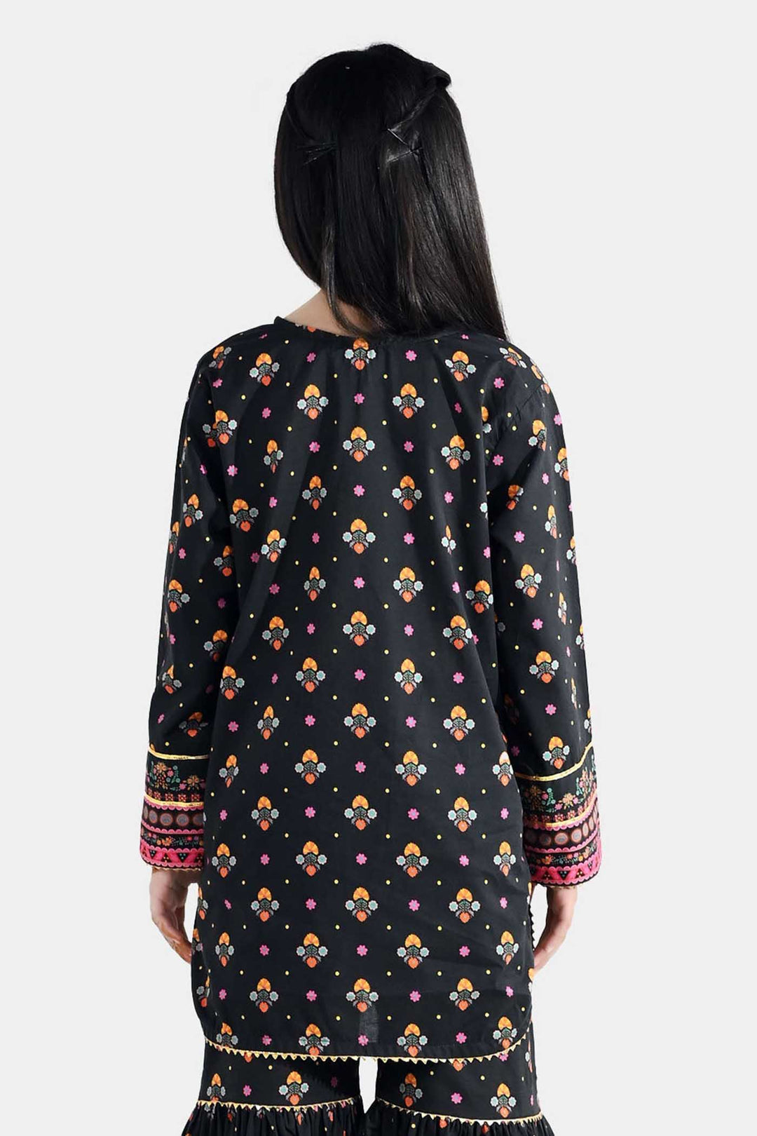Girls Cotton Printed Kurti (Swan) - Black
