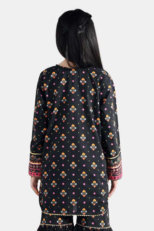 Girls Cotton Printed Kurti (Swan) - Black