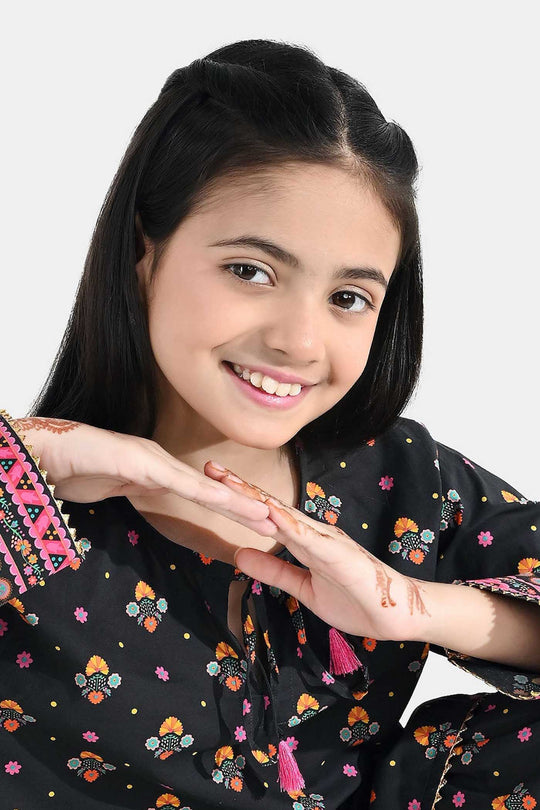 Girls Cotton Printed Kurti (Swan) - Black
