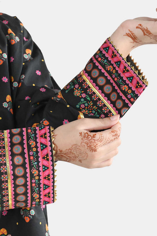 Girls Cotton Printed Kurti (Swan) - Black