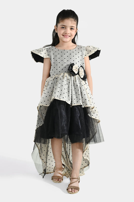 Girls Organza Fancy Frock (Dotted) - Off-White