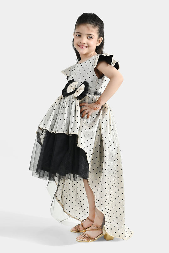 Girls Organza Fancy Frock (Dotted) - Off-White