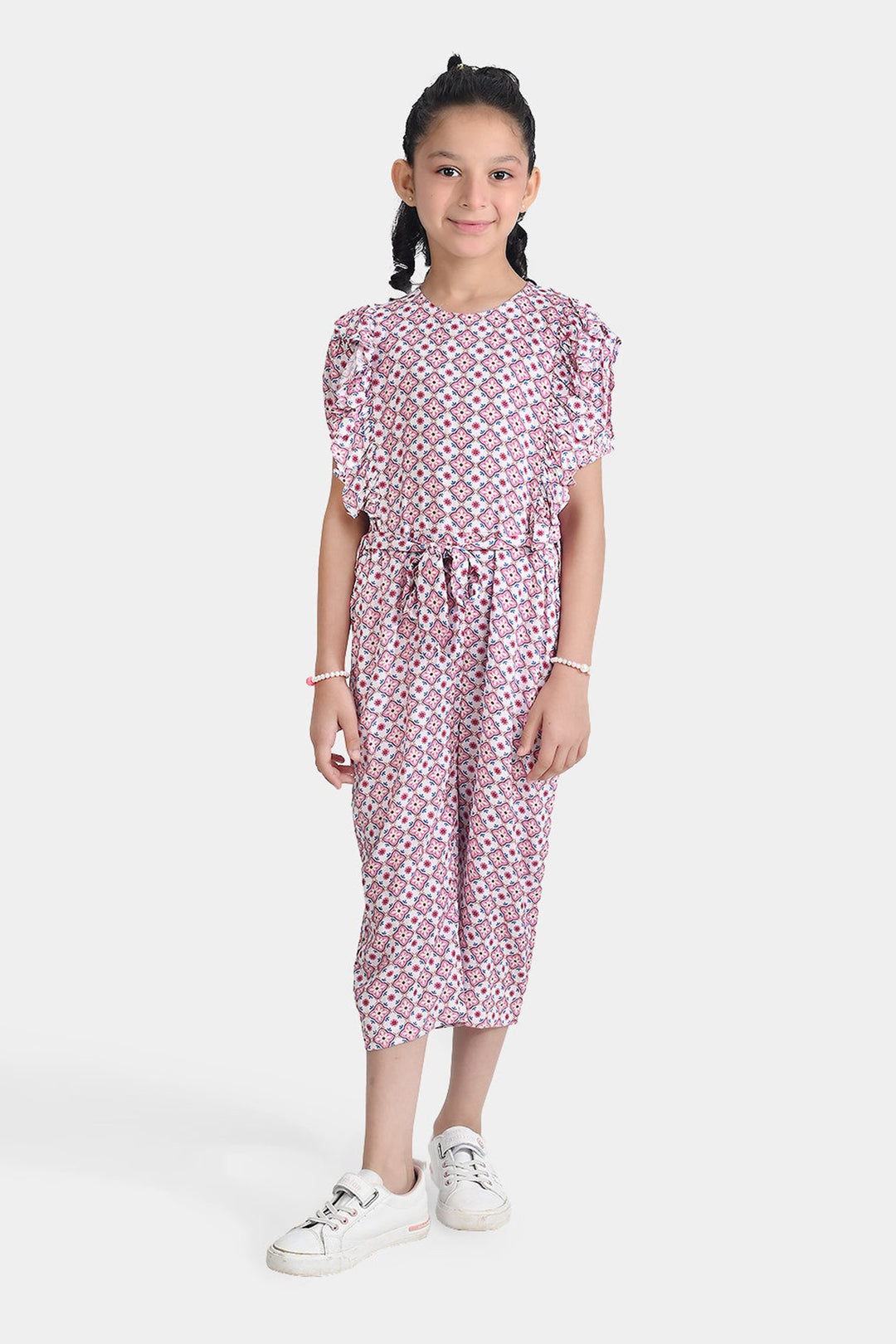 Girls Cotton Viscose Jumpsuit Cape Sleeve-Pink