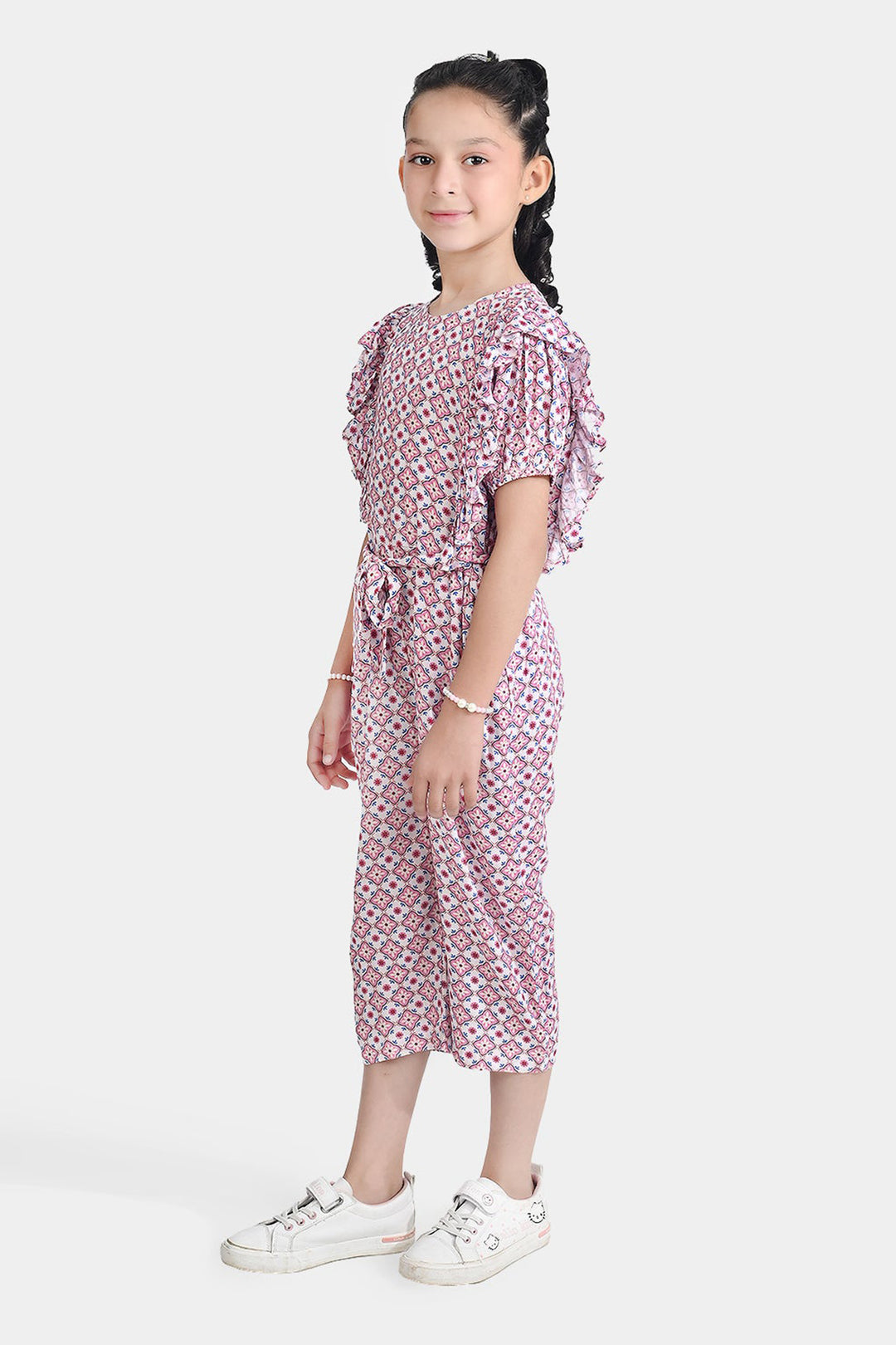 Girls Cotton Viscose Jumpsuit Cape Sleeve-Pink