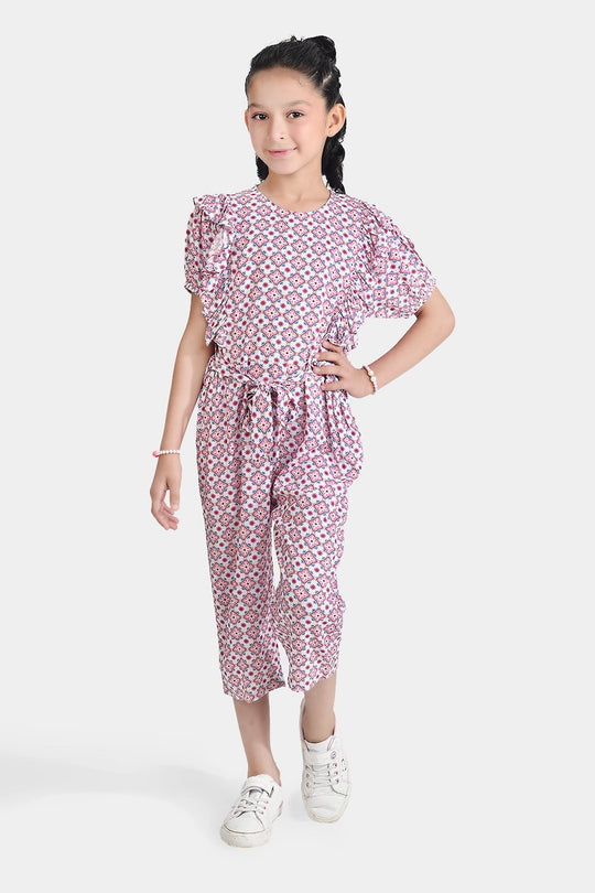 Girls Cotton Viscose Jumpsuit Cape Sleeve-Pink