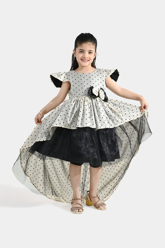 Girls Organza Fancy Frock (Dotted) - Off-White