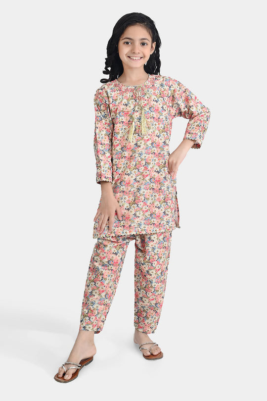 Girls Cotton Poplin Printed & EMB 2Pcs Peach-Multi