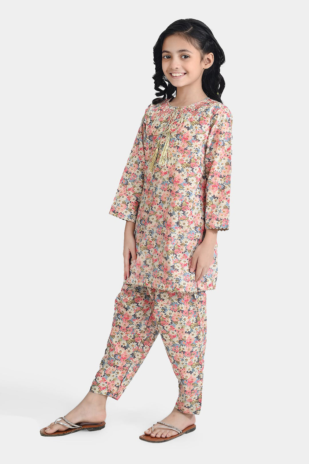 Girls Cotton Poplin Printed & EMB 2Pcs Peach-Multi