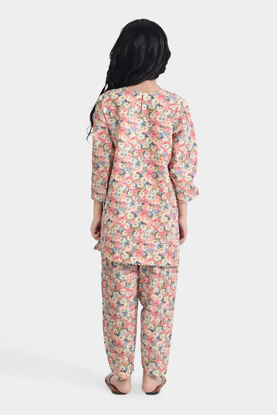 Girls Cotton Poplin Printed & EMB 2Pcs Peach-Multi