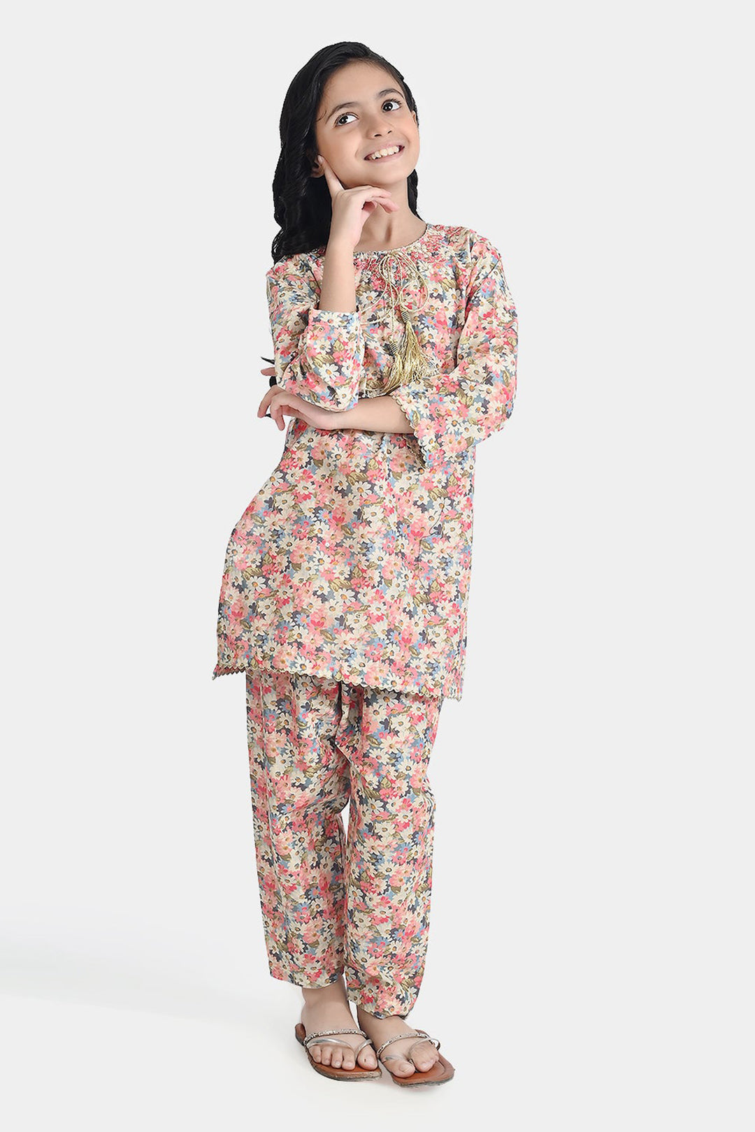 Girls Cotton Poplin Printed & EMB 2Pcs Peach-Multi