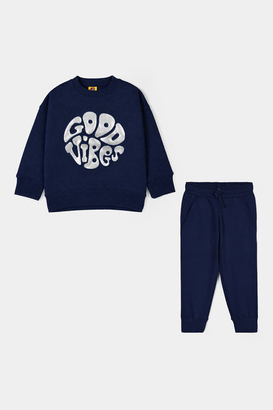 Girls Fleece 2 Piece Suit Good Vibes-NAVY