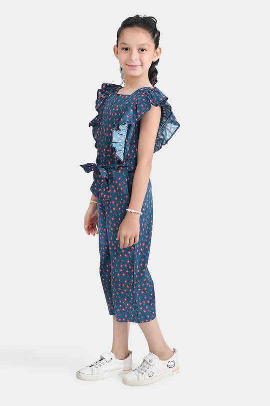 Girls Cotton Poplin Jumpsuit Frill-Multi