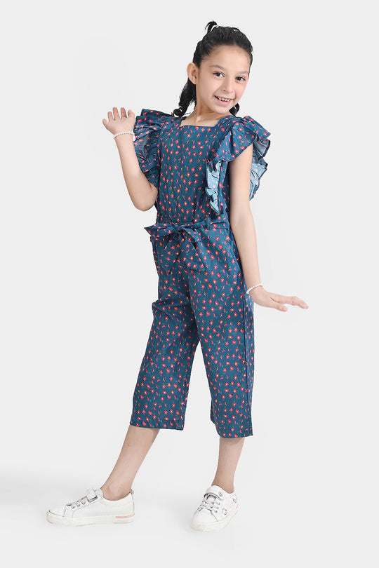 Girls Cotton Poplin Jumpsuit Frill-Multi