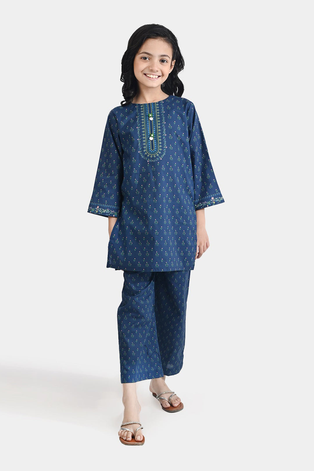 Girls Cotton Poplin Printed 2 Pcs Lotus-Blue