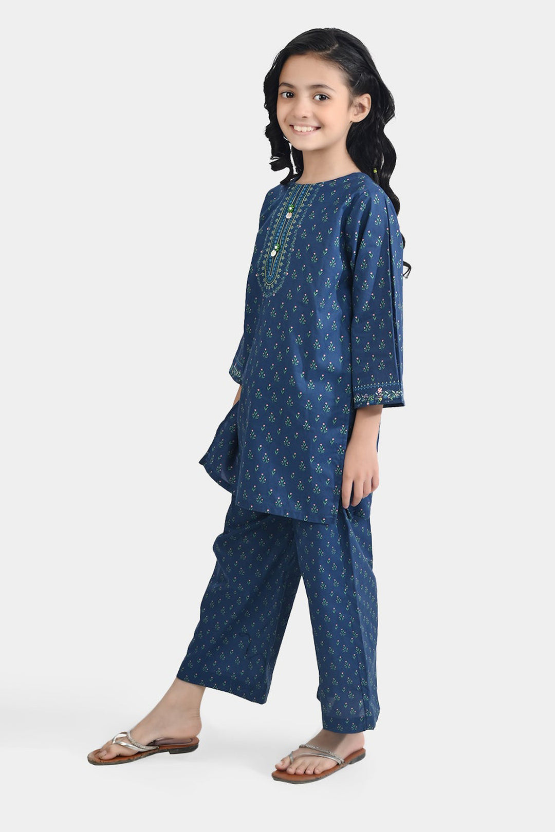 Girls Cotton Poplin Printed 2 Pcs Lotus-Blue