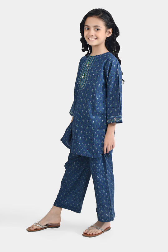 Girls Cotton Poplin Printed 2 Pcs Lotus-Blue