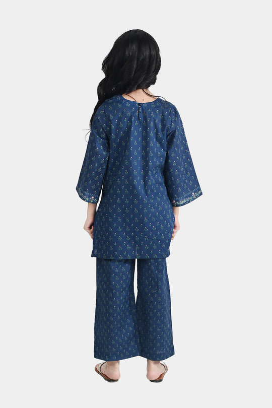 Girls Cotton Poplin Printed 2 Pcs Lotus-Blue