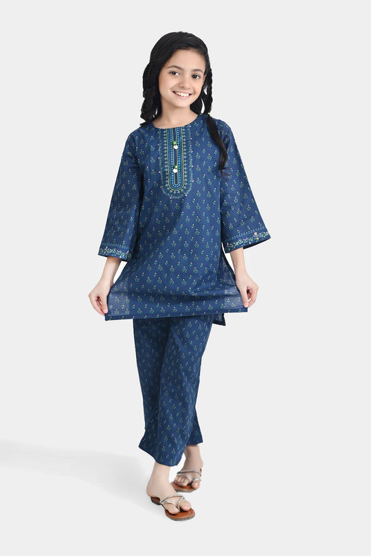 Girls Cotton Poplin Printed 2 Pcs Lotus-Blue