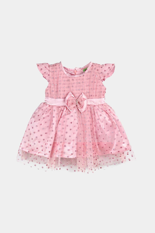 Infant Girls Net Fancy Frock Glowing Star-Pink