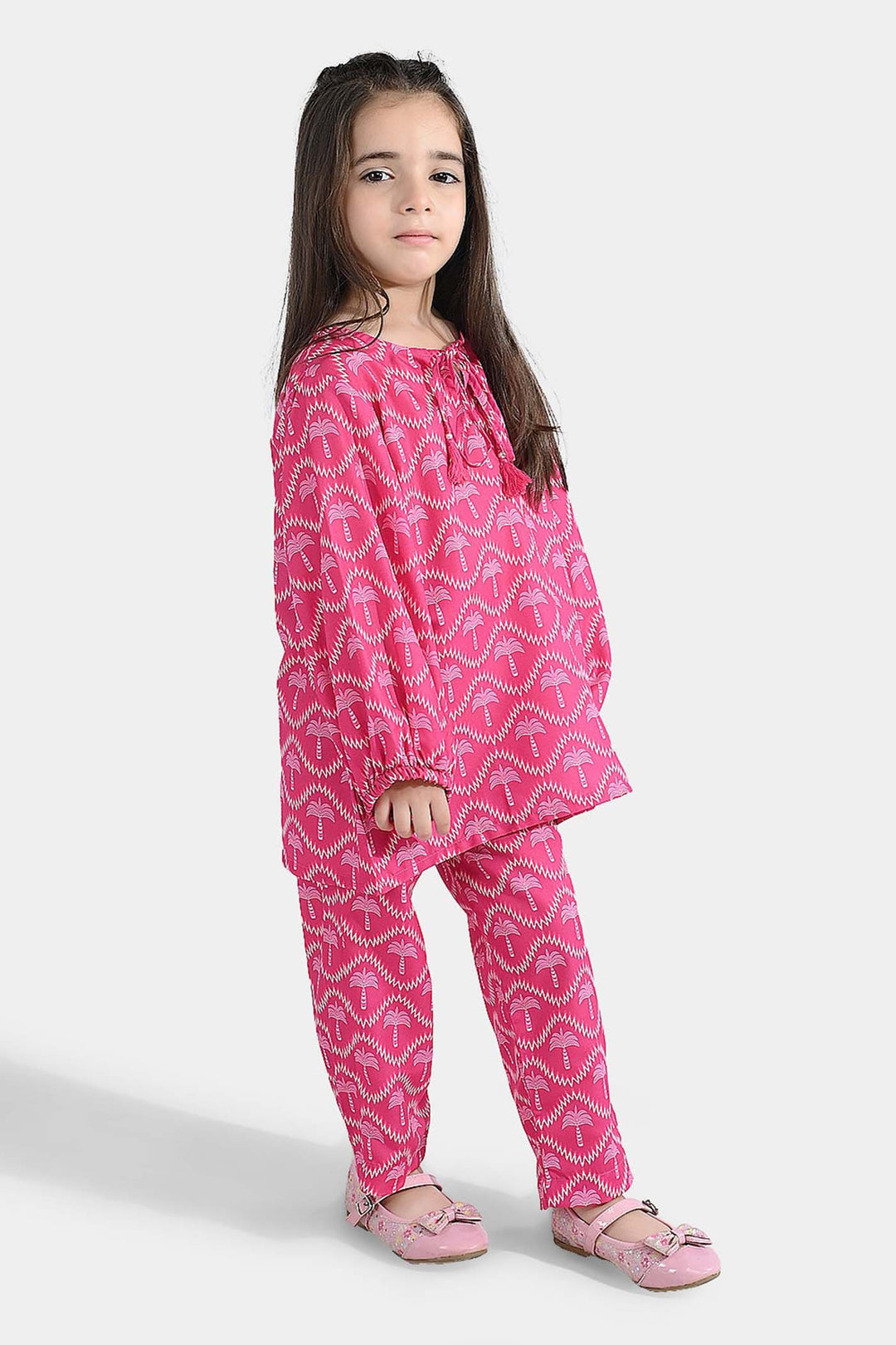 Girls Poly Lawn Co-Ord Set Palm Tree-Pink