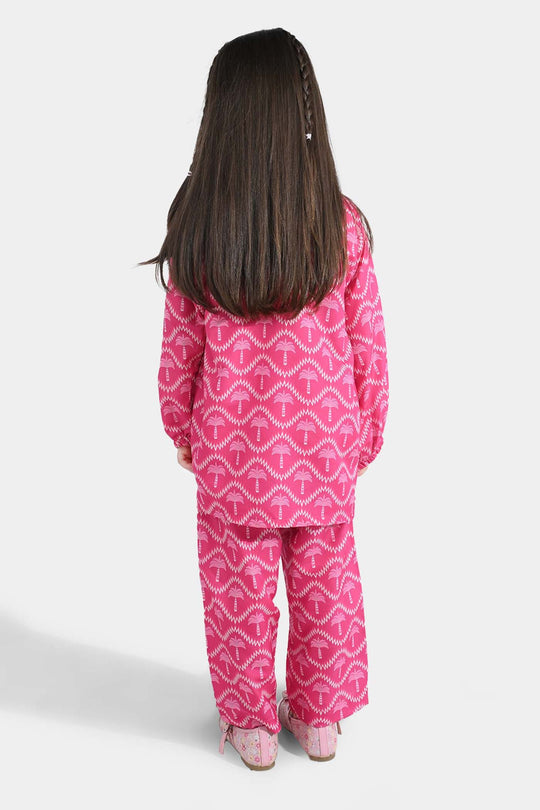 Girls Poly Lawn Co-Ord Set Palm Tree-Pink