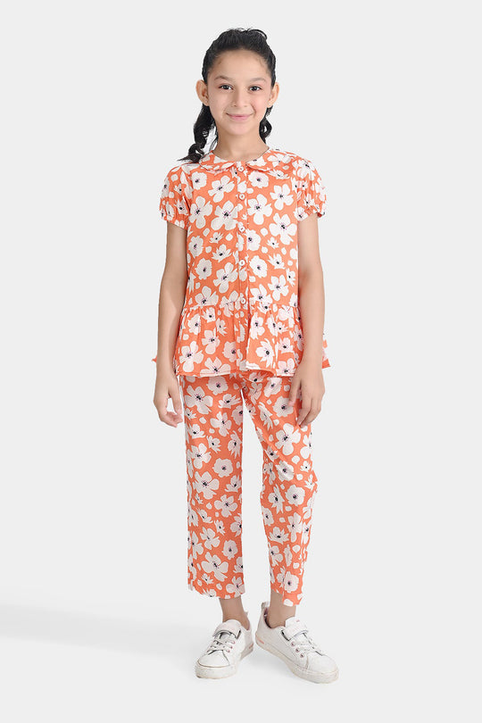 Girls Cotton Poplin Co-Ord Set Pastel-ORANGE