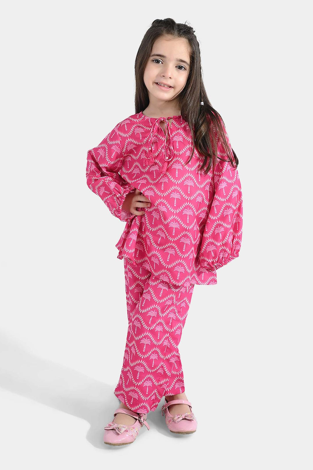 Girls Poly Lawn Co-Ord Set Palm Tree-Pink