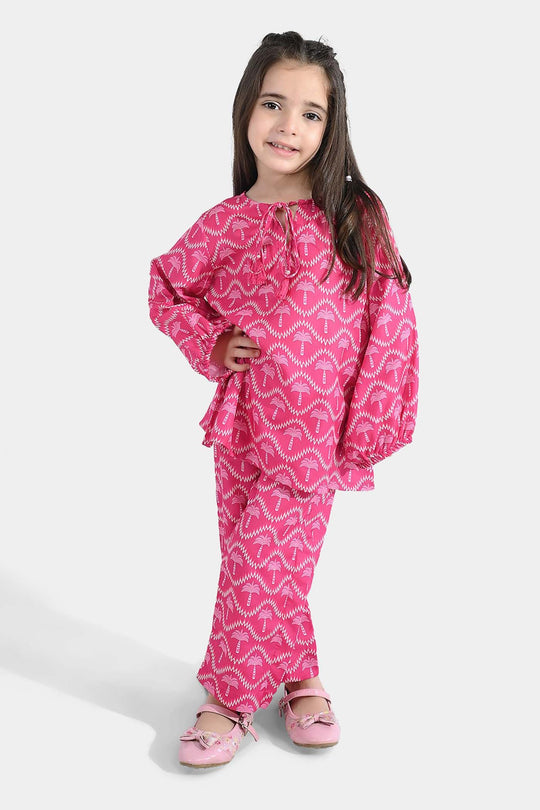 Girls Poly Lawn Co-Ord Set Palm Tree-Pink