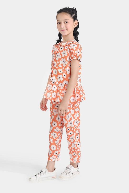 Girls Cotton Poplin Co-Ord Set Pastel-ORANGE