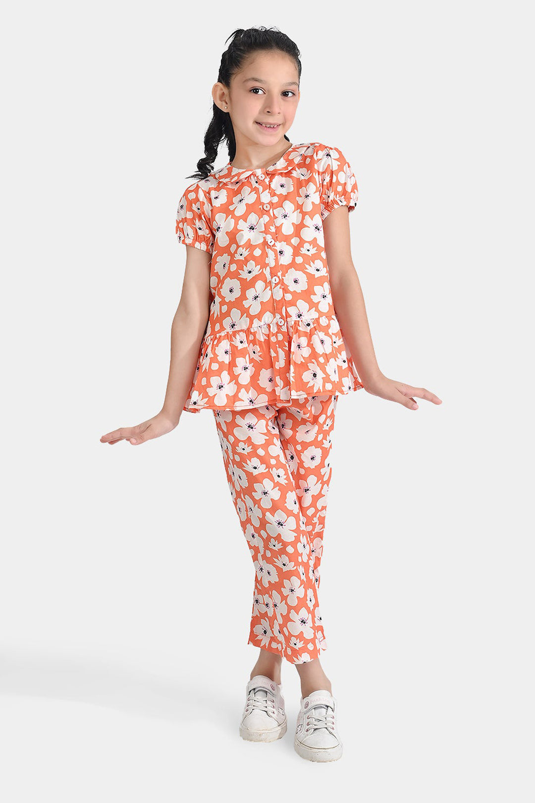 Girls Cotton Poplin Co-Ord Set Pastel-ORANGE