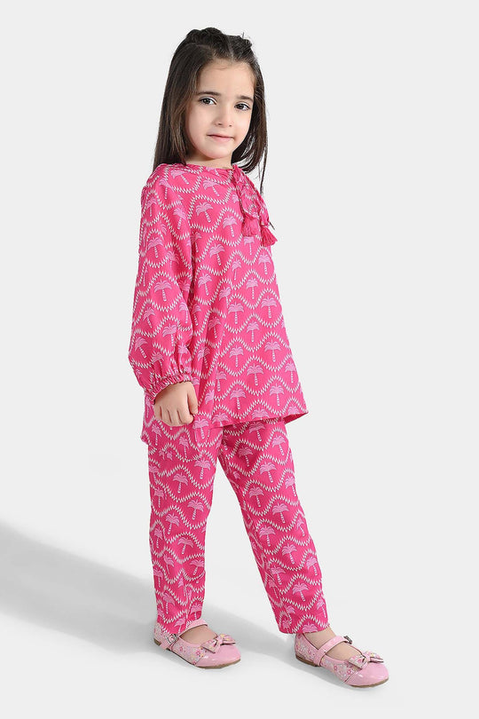 Girls Poly Lawn Co-Ord Set Palm Tree-Pink