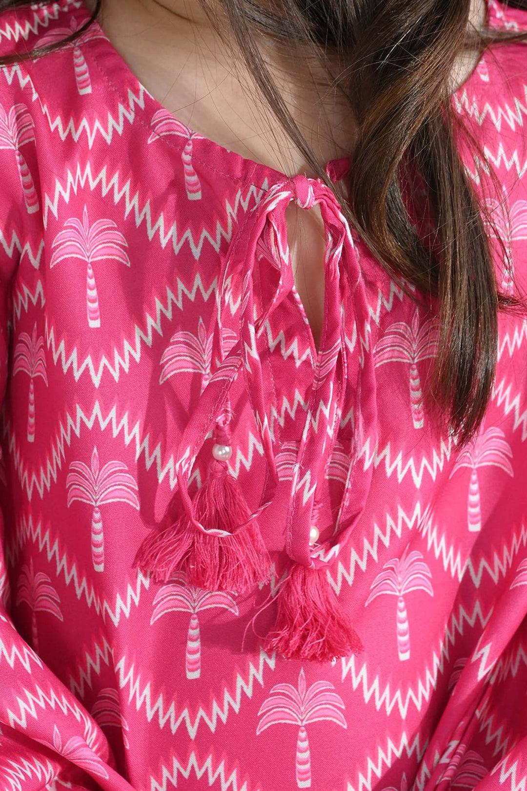 Girls Poly Lawn Co-Ord Set Palm Tree-Pink