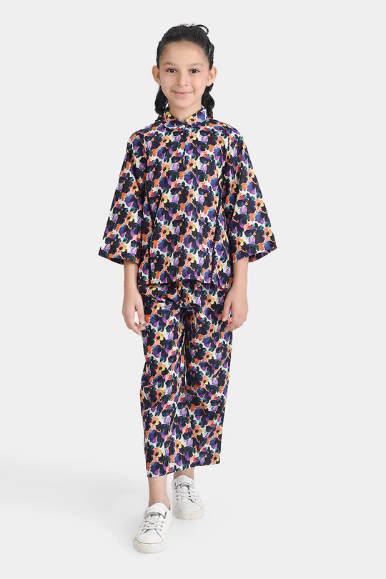 Girls Cotton Poplin Co-Ord Purple Daffodills-Multi