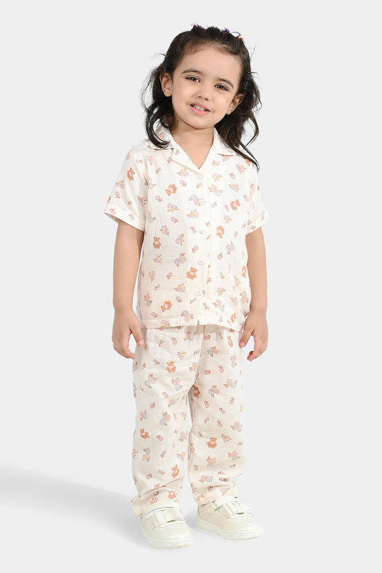 Girls Linen Viscose Nightwear-Teddy Flora-Cream