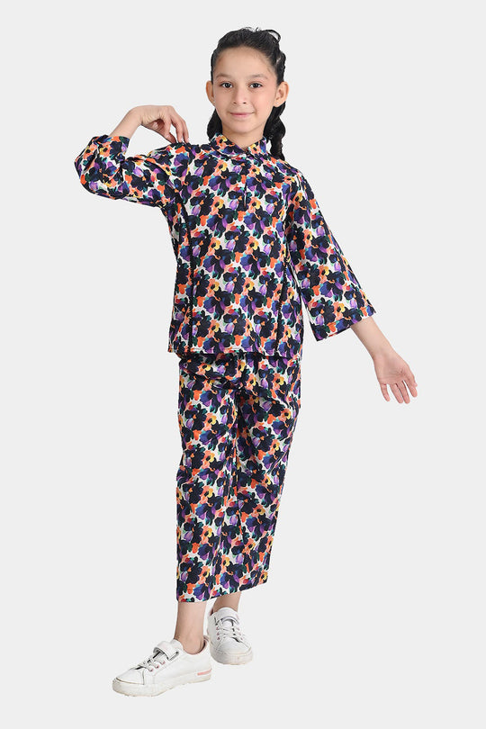 Girls Cotton Poplin Co-Ord Purple Daffodills-Multi