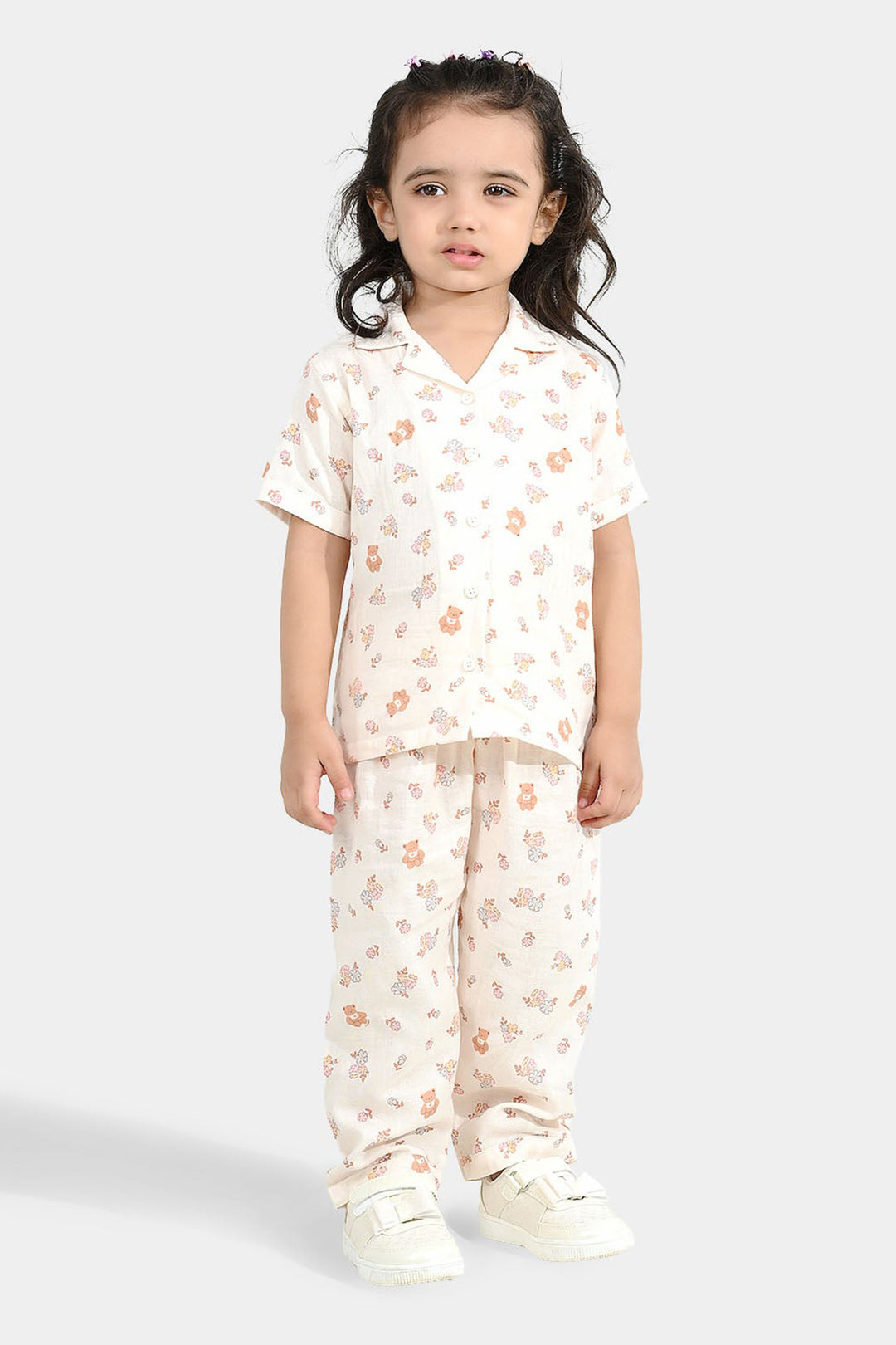 Girls Linen Viscose Nightwear-Teddy Flora-Cream