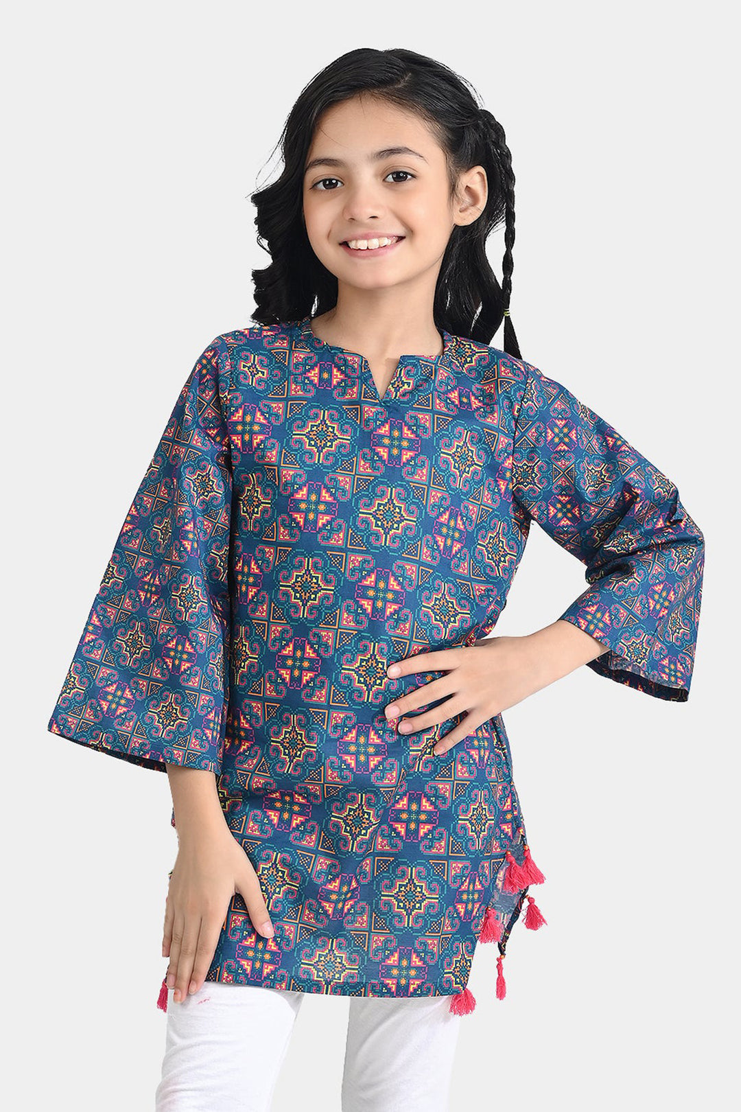 Girls Cotton Poplin Printed Kurti Tribal-Multi