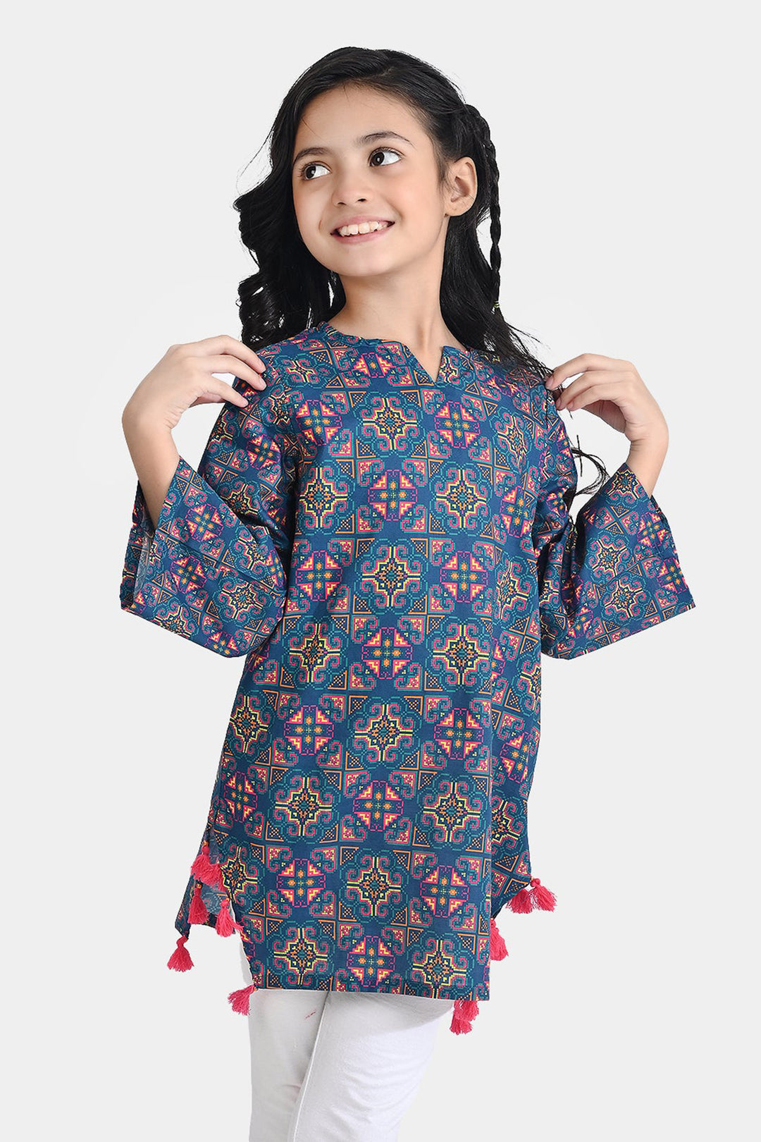 Girls Cotton Poplin Printed Kurti Tribal-Multi
