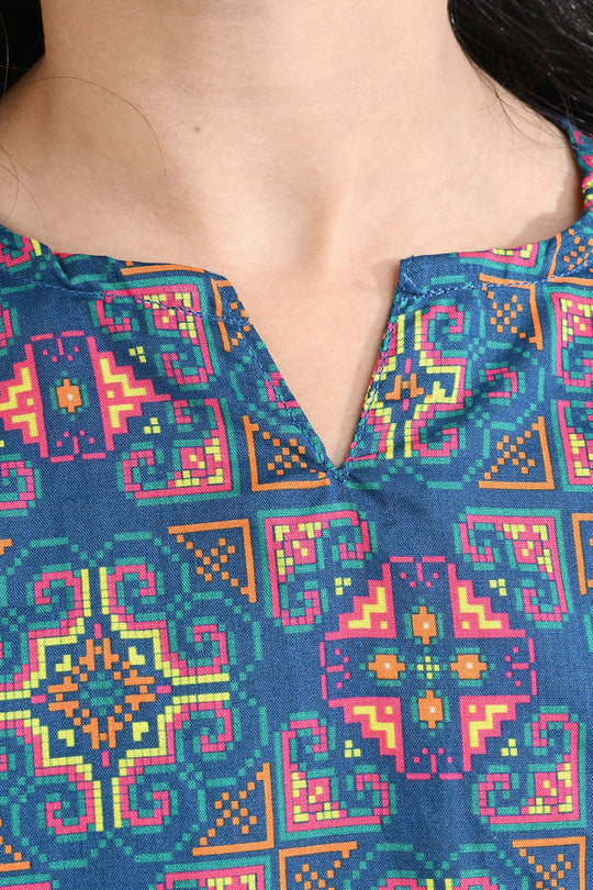 Girls Cotton Poplin Printed Kurti Tribal-Multi