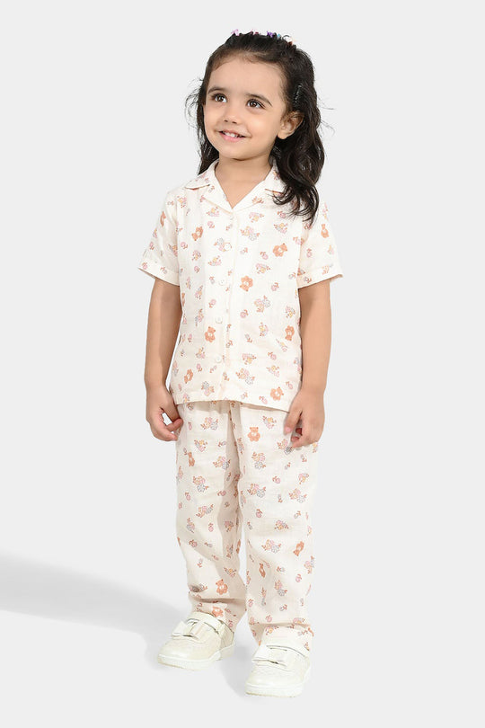 Girls Linen Viscose Nightwear-Teddy Flora-Cream