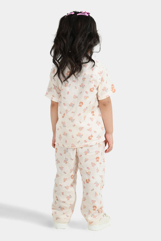 Girls Linen Viscose Nightwear-Teddy Flora-Cream
