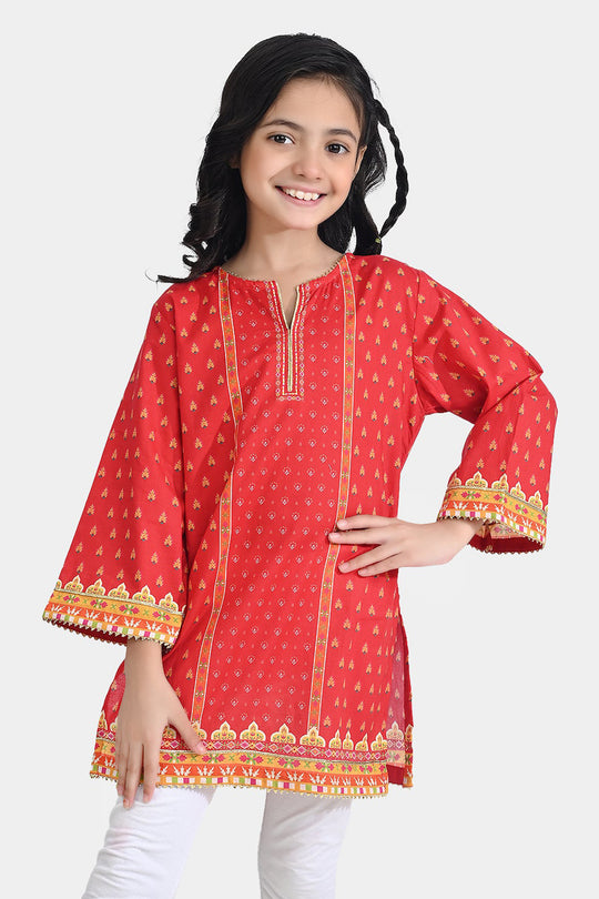 Girls Cotton Poplin Printed Kurti Rose-RED