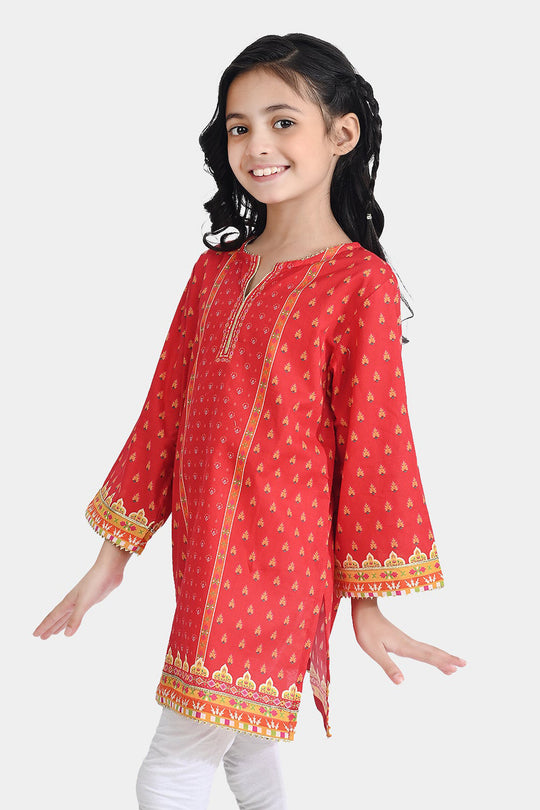 Girls Cotton Poplin Printed Kurti Rose-RED