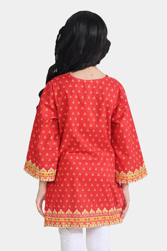 Girls Cotton Poplin Printed Kurti Rose-RED